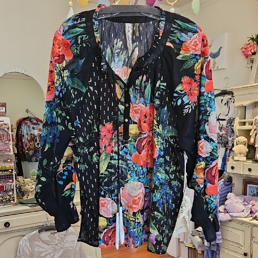 Aratta Vibrant Floral Black Blouse